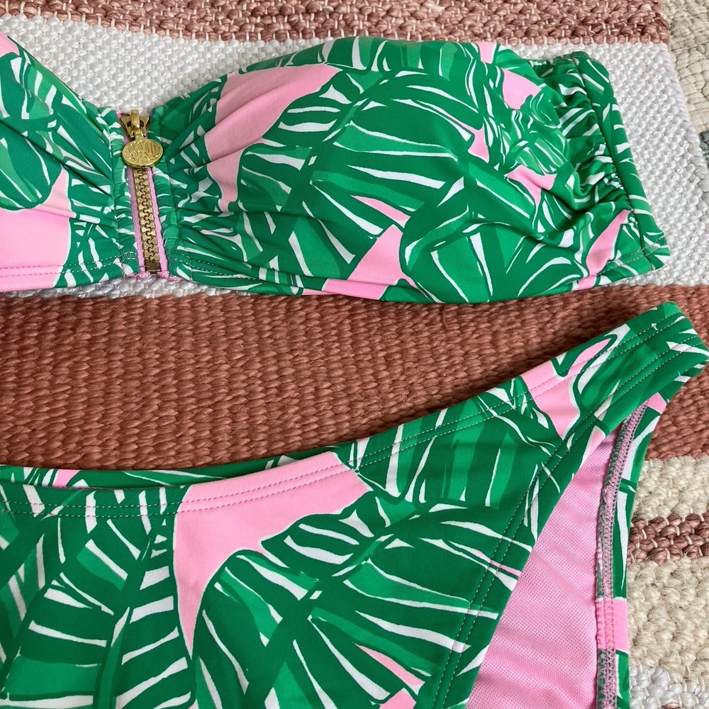 Lilly Pulitzer Genya Bandeau Bikini Set Top Size 14 & Bottom Size 12 Green Pink - Picture 3 of 8